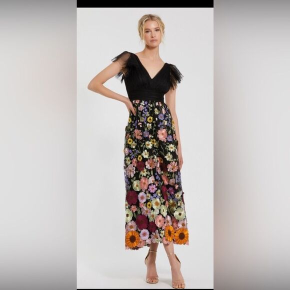 Mac Duggal Black and Multicolor Floral appliqué Midi Dress, US2 - Picture 13 of 16